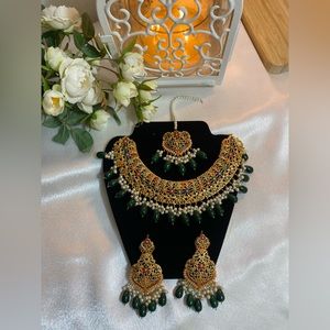 Nauratan Pearl Necklace, Earrings and Maang Tikka Set - Green
